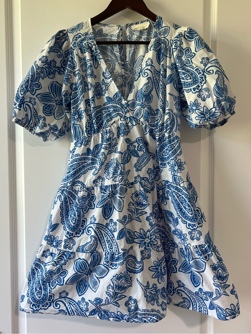 Melloday Blue White Paisley Floral Puff Sleeve Tiered V-Neck Mini Dress Size XS